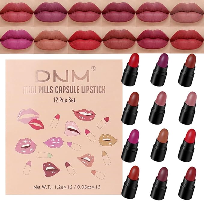 12 Capsule Pills Lipstick Mini Lip Stick Packs Matte Lip Stick Bundles For Women,Dark Sexy Red Brown Nude Mini Matte Lipstick Makeup Lip Liner labiales mate 24 horas originales (Set02, 12pcs set)
