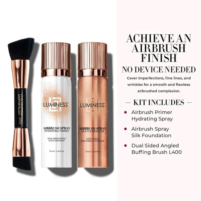 LUMINESS Airbrush Flawless 4-PC Makeup Kit - Includes Eyeshadow Palette, Airbrush Foundation, Primer & Makeup Brushes - Long-Lasting, Silky, Easy to Blend Make Up Set, Travel Size (03 - Light Medium)