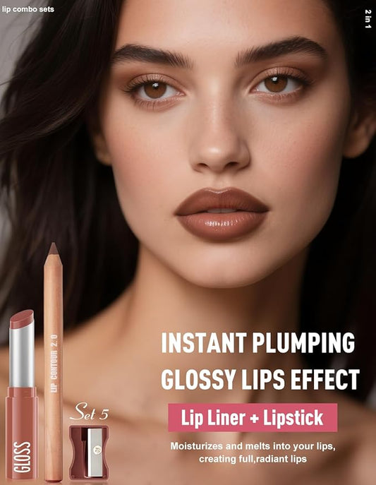 2 Pcs Lipstick and Lip Liner Set Hydrating Lip Tint Non-Sticky Lightweight Lip Balm Plumping Lip Kit for Women Matte Lip Pencil Long Lasting Gradient Glossy Lip Combo with Sharpener, 05