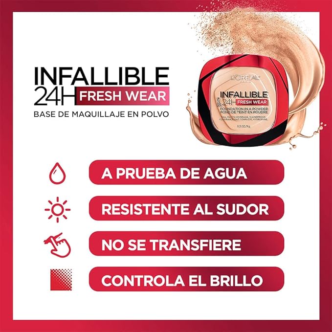 L'Oreal Paris Makeup Infallible Fresh Wear Foundation in a Powder, Up to 24H Wear, Waterproof, Linen, 0.31 oz.
