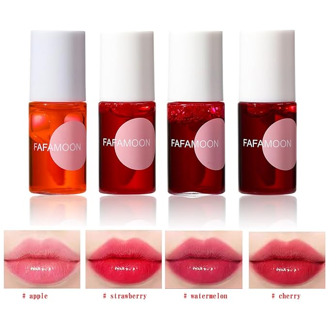 4PCS Korean Lip Gloss Set, Lip Tint Stain Set,Mini Liquid Water Tint,Moisturizing Natural,Long Lasting Waterproof,Multi-Use Lip and Cheek Tint(Apple& Strawberry& Watermelon& Cherry)