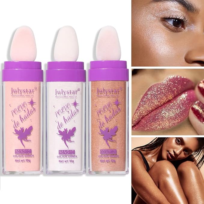 Polvo De Hadas Highlighter Stick Puff Fairy Stick Highlight Powder Glitter Loose Powder Brush Stick Contouring Powder Shimming Face Powder Blusher (01+02+03)