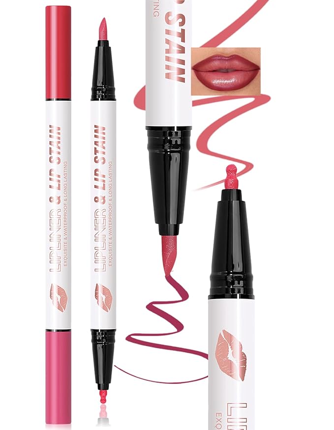 Double-headed Lip Liner Stain Long Lasting Waterproof 2 Colors Liquid Lip Liner Pencil Marker High Pigmented Smooth Application Precise Pen-Like & Chisel Tip Hydrating Lipstick for Women, 02