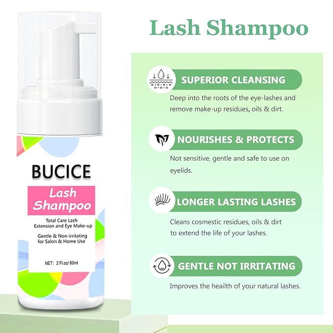 Premium Lash Shampoo and Cleanser Kit with Lash Fan, 60ml Eyelash Foam Cleanser, Facial Cleansing Brush, Eyelash Brush and Wash Bottle for Eyelash Extensions - Effective Eyelash Cleaning Solution