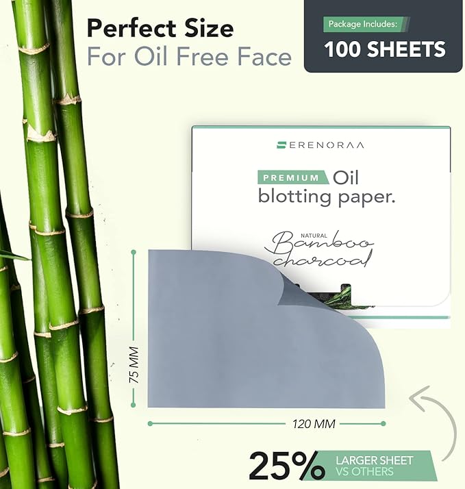 Premium Natural Bamboo Charcoal Oil Blotting Sheets for Face - 1x100 Sheets with Extra Large 5x3" Thick Blotting Paper for Oily Skin - Dispensable Portable Pack - Reduce Skin Acne - Makeup Friendly