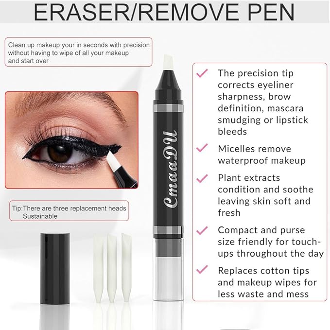 Makeup Remover Eraser Pen - Quick Fix Corrector for Eyes, Lips, Face, Eyeliner & Mascara with 3 Replacement Heads