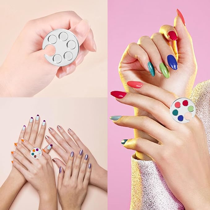 8 Pcs Mini Nail Art Palette Metal Finger Rings Manicure Palette Nail Paint Art Palette for Manicure Nail Polish Art Tools Makeup Palettes