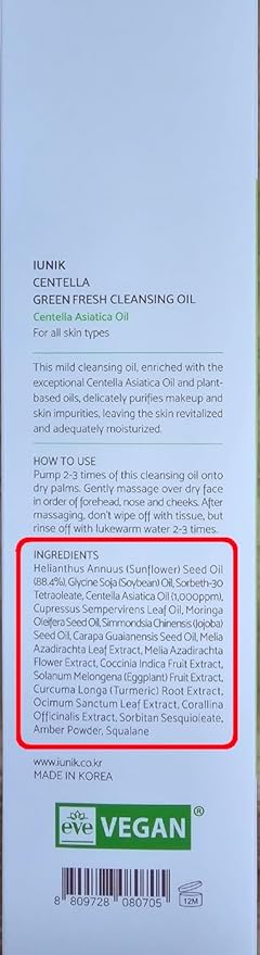 IUNIK Centella Asiatica Cleansing Oil - Pore & Sebum Control Oil Cleanser | Makeup & Sunscreen Remover for Women & Men Dry Oily Sensitive Acne-prone Skin Gentle Face & Body Wash Korean Skincare