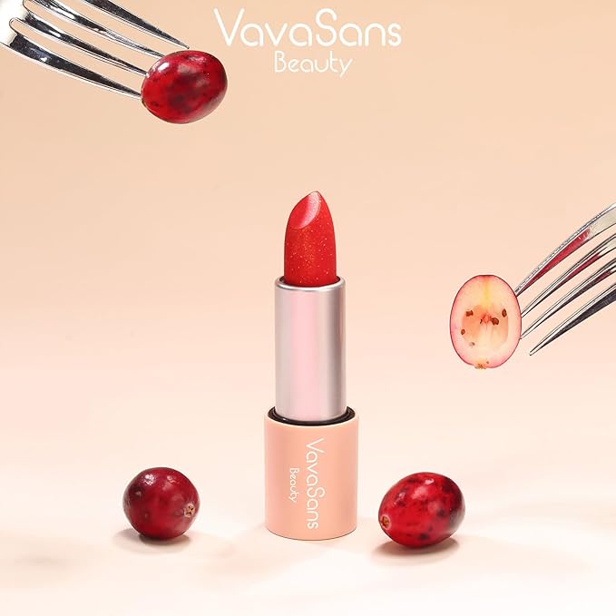 Vegan Glitter Lipstick Cherry Plum Shimmer Metallic Sparkling Classic Red Shade Long Lasting Waterproof Non-Sticky Formula Diamond Shiny Highly Pigmented Lip Stick for Women