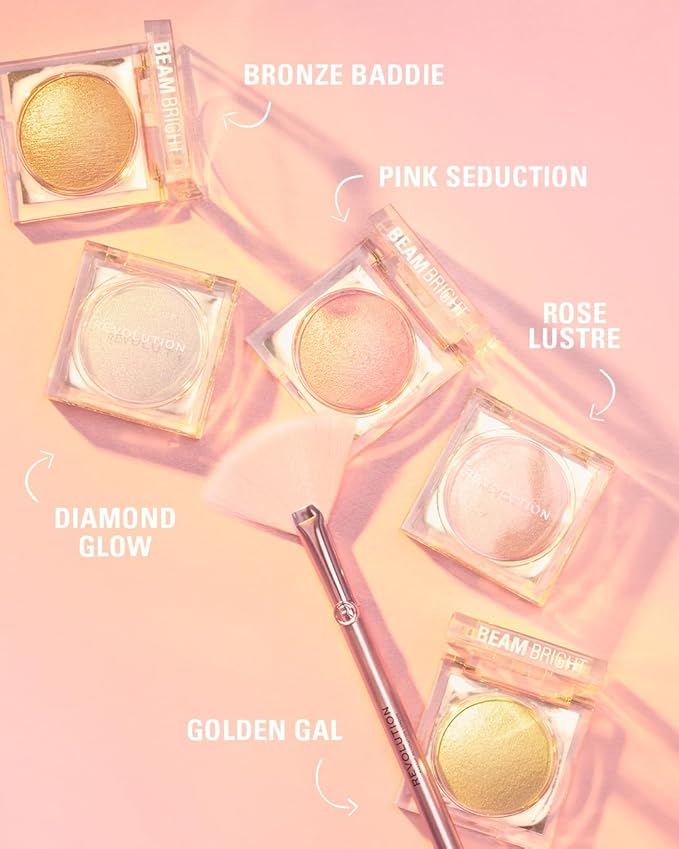 Makeup Revolution Beam Bright Highlighter, All Over Face Glow, Powder To Liquid Formula, 5 Different Shades, Diamond Glow