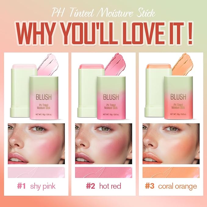 PH Tinted Moisture Stick,Multi-Use Cream Color Changing Blush, 3-in-1 Blush Stick for Cheek/Eyes/Lips, Waterproof Hydrating Tinted Solid Makeup Products (1# Shy Pink)