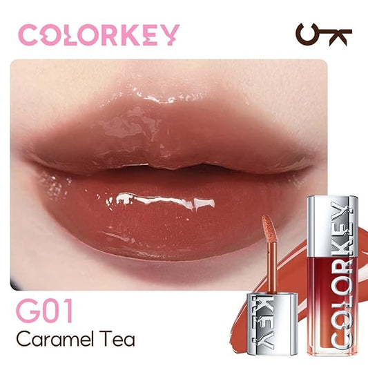 COLORKEY 3D Plump Oil Lip Gloss, High-shine Finish, Lip Tint, Moisturizing, Non-Sticky, Clear and Natural, Glassy Shine (G01 Caramel Tea, 3ml)