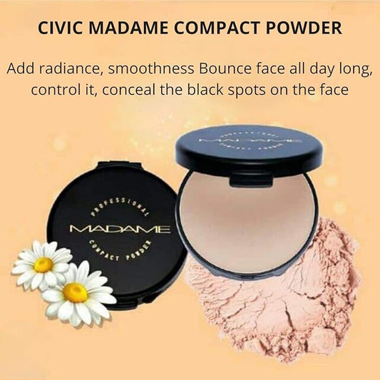 CIVIC MADAM COMPACT Pressed Powder Foundation Bright, Light Not Dull Bright, Soft Smooth, Concealing, Medium to Full Coverageb Blurs Pores & Control It, UVA & UVB Protection, No1 White Skin 0.60 Oz.