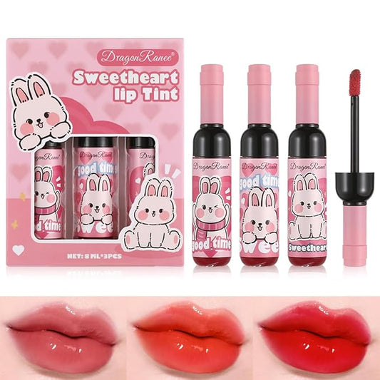 Wine Bottle Lip Tint Set, Long-Lasting 3 Colors Lip Tint, Smudge-Proof Liquid Lipstick for All-Day Wear, Cute Pink Package, Ideal Makeup Gift for Girls and Women