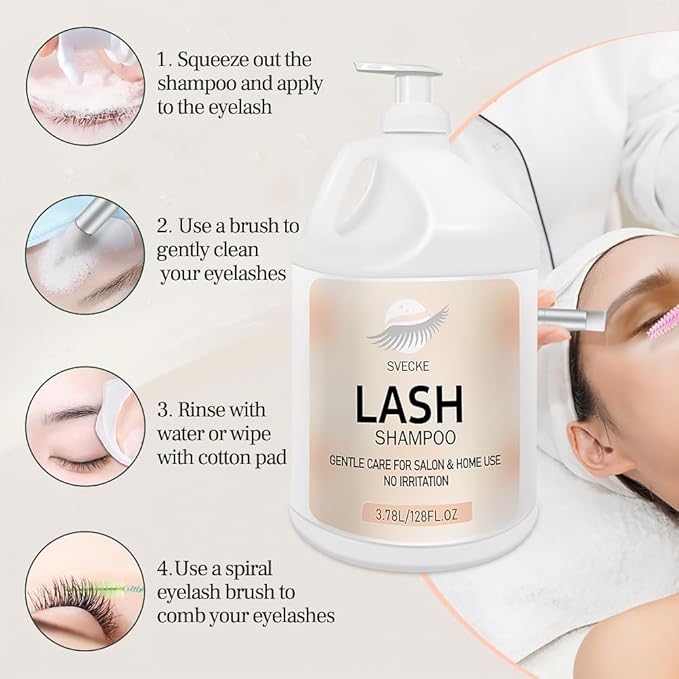 Eyelash Shampoo, 128 fl.oz/3.78L, with 50 Lash Extension Aftercare Cards, Foaming Cleanser for Professional Salon and Home Use