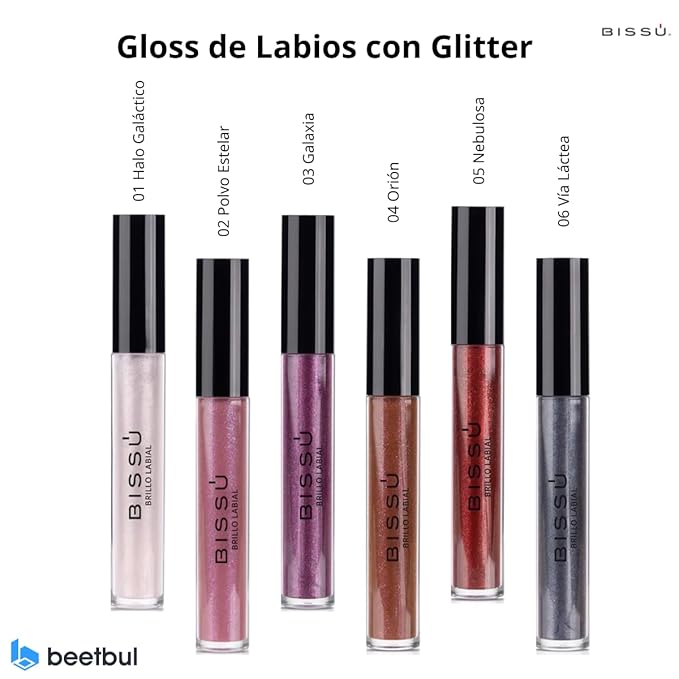 Bissú Glitter Lip Gloss - 6 different Buildable Shades, Non-Sticky, Cruelty-Free, Long-Lasting Shine 0.14 oz (04 Orión, Large)