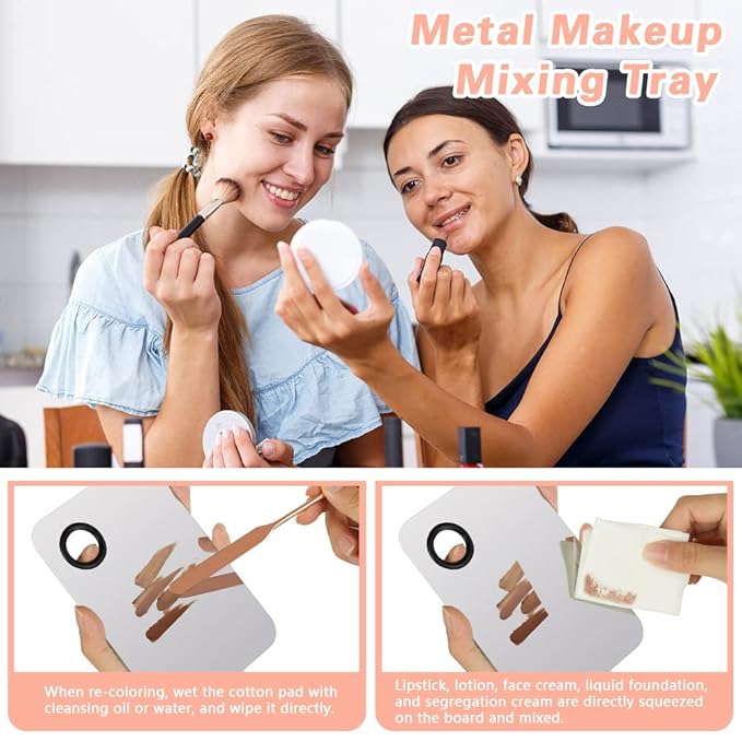 3PCS Stainless Steel Makeup Mixing Palette With Spatula - Professional Cosmetic Artist Tool for Eye Shadow, Eyelash, Nail Art, Foundation