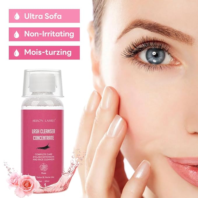 Eyelash Cleanser Concentrate 60ml Professional Lash Extensions Shampoo Natural Foaming Cleanser for Extensions Lashes with Salon Home Care-Makes 12 Bottles 60ml Eyelash Shampoo (Rose)