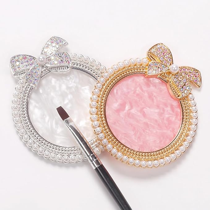 Resin Nail Art Palette, Nail Art Painting Mixed Color Palette, Bow Decorated with Rhinestones and Pearls Nail Art Display Board (Silver)