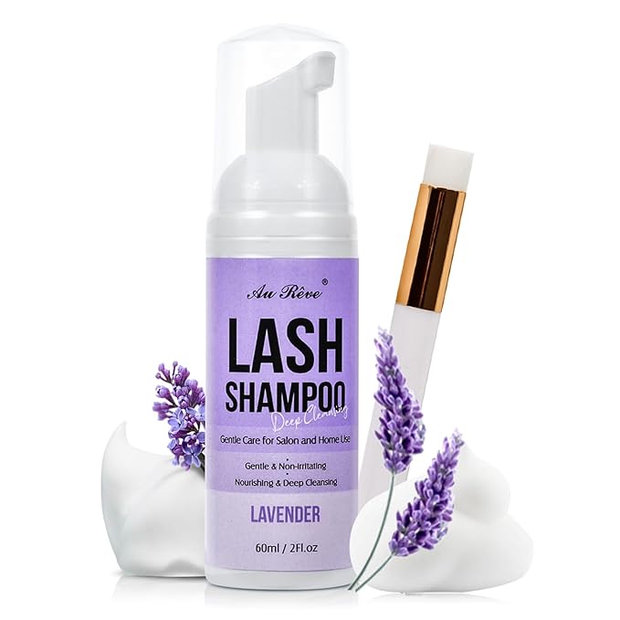 Lash Shampoo for Lash Extensions 60 Ml/2fl.oz Eyelash Extension Cleanser Oil Free Lash Cleanser for Eyelash Care, Gentle Foaming Eyelash Shampoo with Brush for Salon Home Care (Lavender 60ml)