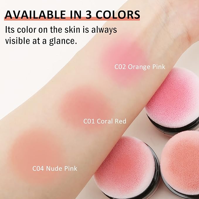 Boobeen Loose Powder Blush Air Cushion, Natural Blusher for Cheeks, Highly Pigmented Blush Makeup Easy to Blend, All Day Wear