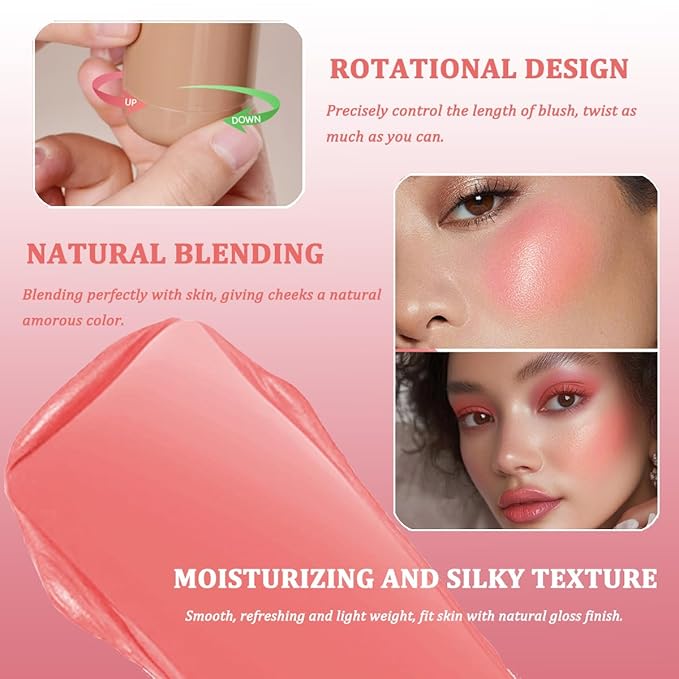 Cream Blush stick, Natural-Looking Matte Finish Makeup Blush stick, Hydrating Long Lasting Lightweight Blendable Blush for cheeks (#3 Bright Coral, 1 PC)
