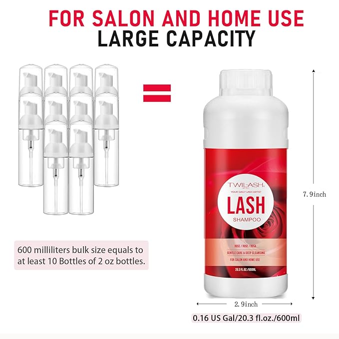 600ml Lash Shampoo Bulk, Eyelash Cleanser for Extensions, Safe Makeup Remover, Non-irritating or Burning Formula Eyelid Foaming Cleanser Best for Professional Salon and Home Use (Rose)