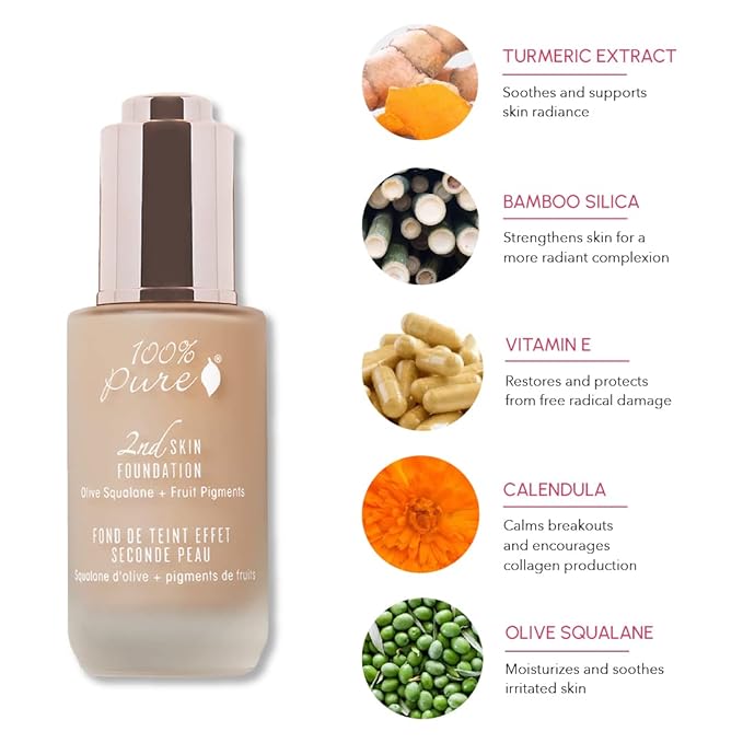 100% PURE 2nd Skin Lightweight Serum Foundation Anti-Aging Face Makeup - Blendable Coverage Liquid Hydration Boost for Soft Plumped Up Glow, Vegan Shade 5 (Neutral w/Peachy Undertone) - 1.18 Fl Oz