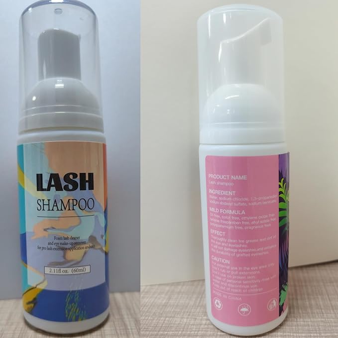 Buqikma Lash Shampoo for Lash Extensions, Mini Lash Fan 2.11Floz Rich Foam Eyelash Shampoo 50 Pcs Eyelash Brush and Rinse Bottle for Eyelash Wash Remover Lash Extension Cleanser for Home Use (Black)