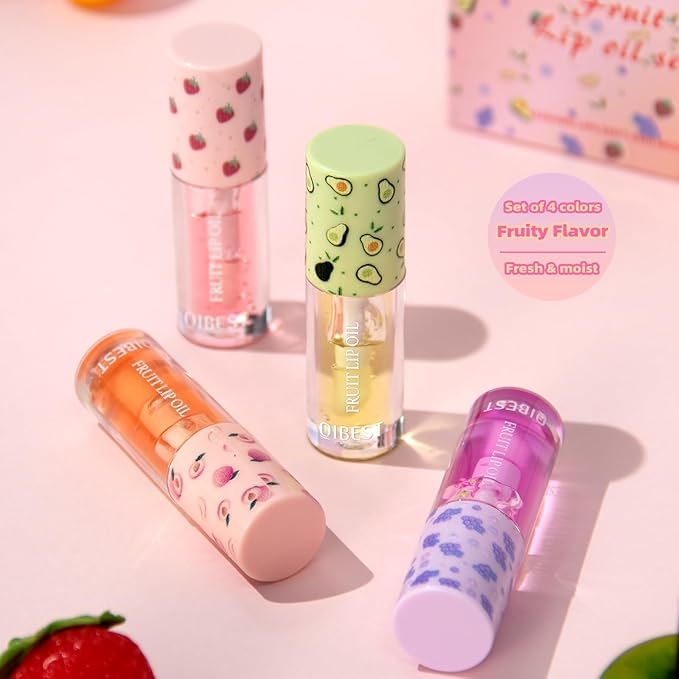 4PCS Fruity Lip oil,Big Brush Head Lip Oil,Moisturizing Lip Gloss Lip Oil,Natural Nourishing Lip Oil Gloss,Lightweight & Non Greasy, Pink