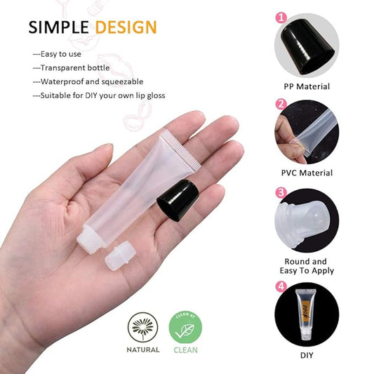 AMORIX 50PCS Lip Gloss Tubes 20ml Black Cap Lip Gloss Containers Empty Lip Balm Tubes Cosmetic Lipgloss Tubes + 2 x 20ml Syringes Tag Labels for DIY Lip Gloss Base Glitter