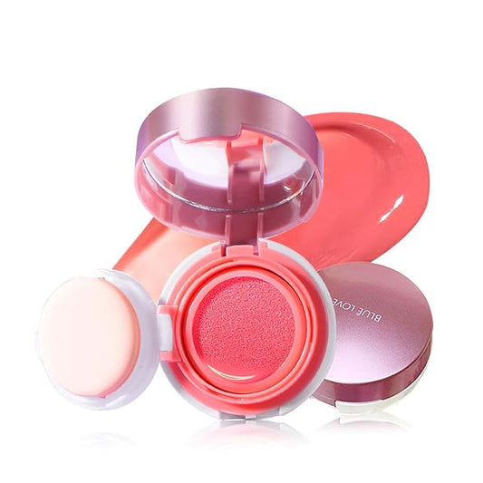 BLUE LOVE Cushion Liquid Blush - Silky Cheek Tint with Mirror, Natural Enhancer for a Radiant Finish, Contours & Highlights for Effortless Elegant (02 Peach Pink)