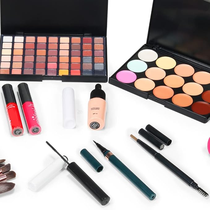 All in one makeup kit full versatile essential eyeshadow palette lipstick, blush, foundation, concealer, lip gloss, mascara, lip balm, powder puff powder, makeup set for women