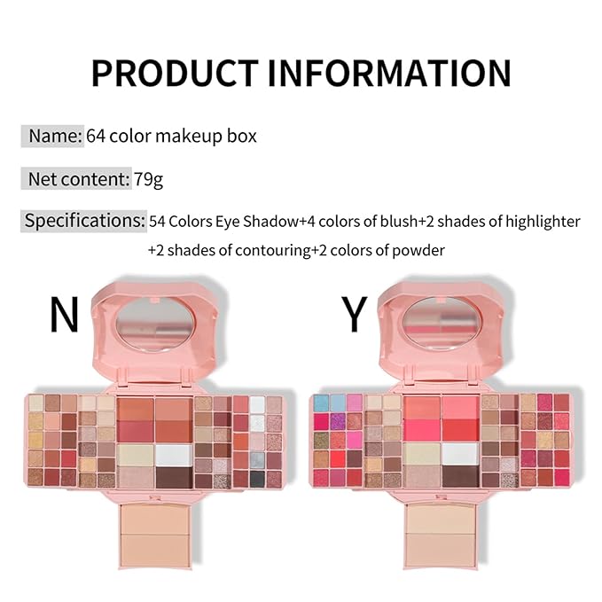 Makeup Eyeshadow Palettes, 64 Colors Protable Multifunction Blush Highlighter Contour Palettes with Matte Shimmer Pearl Makeup Effect for Daily Party Makeup - High Pigment Waterproof #5