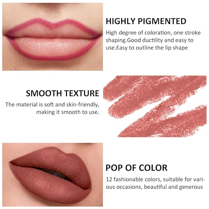 12 PCS Nude Red Deep Red Brown Matte Lip Liner Pencil Set Waterproof Long Lasting Lip Liner Lipstick for Women