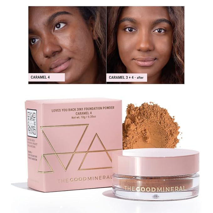 Loves-You-Back 3in1 Mineral Powder Foundation (CARAMEL 4) | Designed for Acne-Prone, Sensitive Skin | Hyperpigmentation | Covers Dark Circles | 3IN1 - Concealer, Foundation + Powder