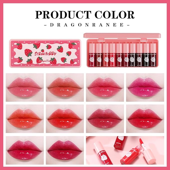 MYUANGO 10 Colors Lip Tint, Color Tinted Lip Stain, Moisturizing Lip Balm Liquid Lipstick Makeup Hydrating Long Lasting Lip Gloss (Strawberry)
