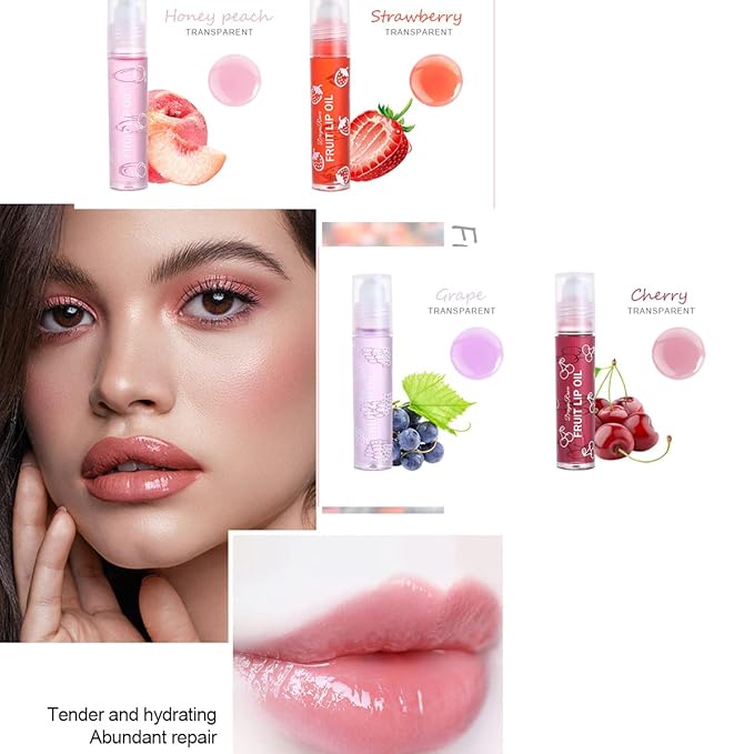 4 Pcs Fruit-Flavored Lip Gloss Set,Transparent Colorless Moisturizing Plumper Lip Lotion Rolling Ball Lip Oil Liquid Lipstick