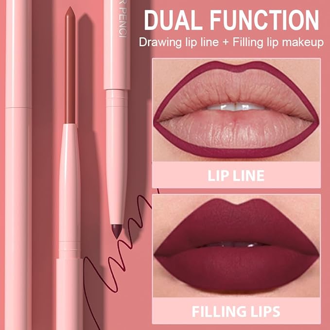 Kaely 6Pcs Retractable Lip Liner Pencils Set for Shaping & Sculpting Lips, Ruby Mauve Red Rose Nude Pink Plum Purple Taupe Brown Creamy Matte Velvet Pigmented Rich Lip Colors Liner Crayon Lipstick 02