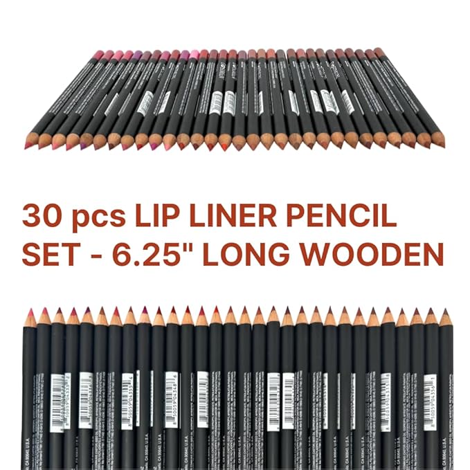 30 pcs Lip Liner Pencil Set, High Pigmented Lip Makeup, Long-wearing, Deep and Rich in Color, Enhance Lip Volume, 6.25 inches Long Wooden Pencil