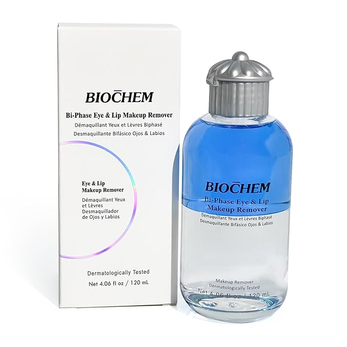 BIOCHEM Bi-Phase Eye & Lip Heavy Makeup Remover, Waterproof Mascara Remover, Gentle Cleanser for Waterproof Makeup & Mascara with Natural Ingredients for All Skin Types (4.06 fl. oz / 120 ml)