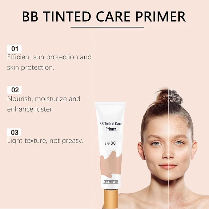 BB Tinted Moisturizer SPF 30,BB Tinted Care Primer,BB Cream Tinted Moisturizer,Full Coverage Light-Medium Skin Color Hydrating & Smoothing(Natural)