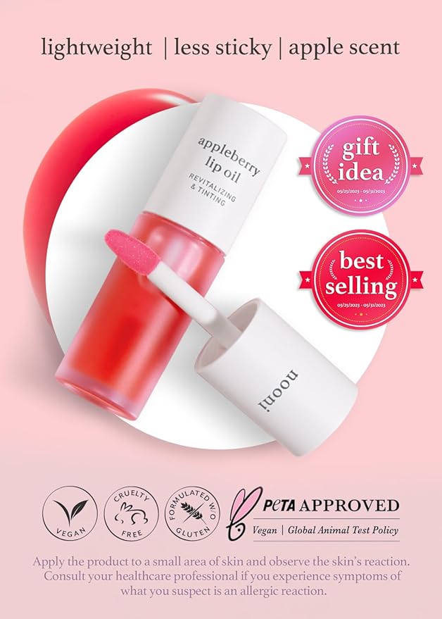 NOONI Korean Vegan Lip Oil Bundle - Appleberry&Applefig | Lip Stain, Gift, Long-Lasting, Moisturizing, Plumping, Revitalizing for Dry Lips