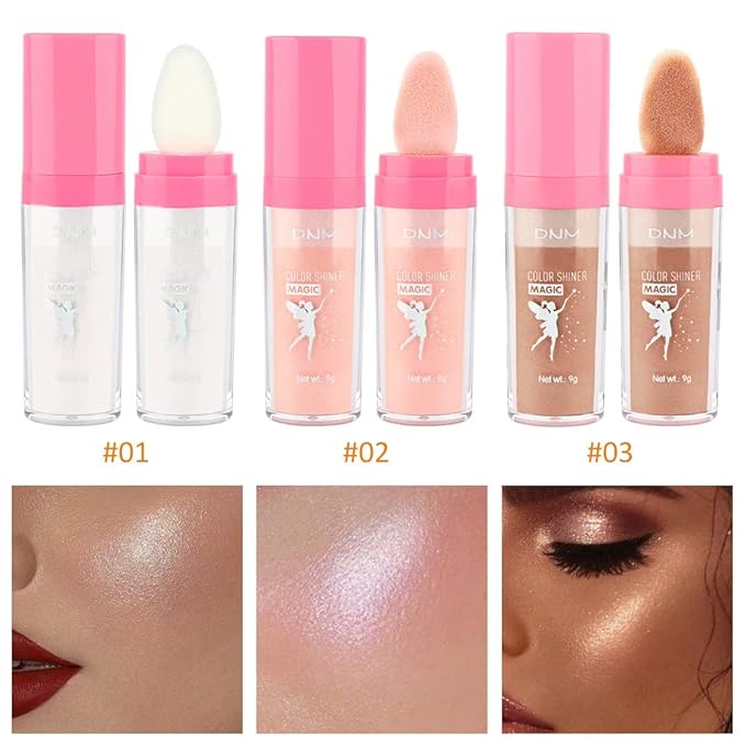 evpct 3Pcs Glitter Highlighter Powder Stick Make up Puff Fairy Stick Peal White Pink Bronze Shimmer Glitter Face Eye Body Liquid Highlighter makeup illuminators de maquillaje