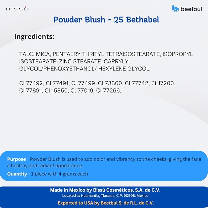 Bissú Blush 4g c/u, Intense Pigmentation, Soft Texture, Matte and Satin Finishes (25 Betabel)