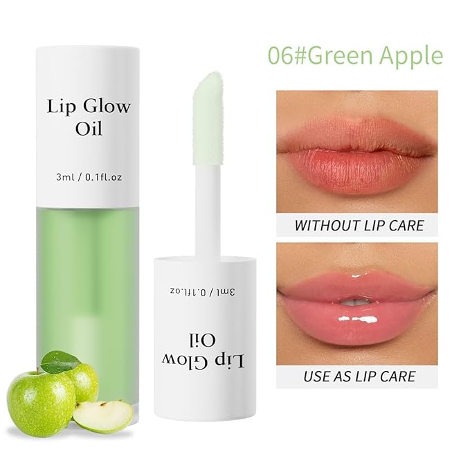 Hydrating Lip Glow Oil, No-Sticky Gloss Lip Balm Lip Care, Fruit Flavoured Lip Oil For Dry Lip's Moisturizing Hydrating And Nourishing (GREEN APPLE)