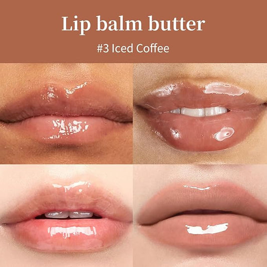 4 Flavors Butter Lip Balm Lip Tint Hydrating Lip Gloss, High Shine Nude Color Hydrating Finish Lip Glow Oi (03# Iced Coffee, 0.5oz)