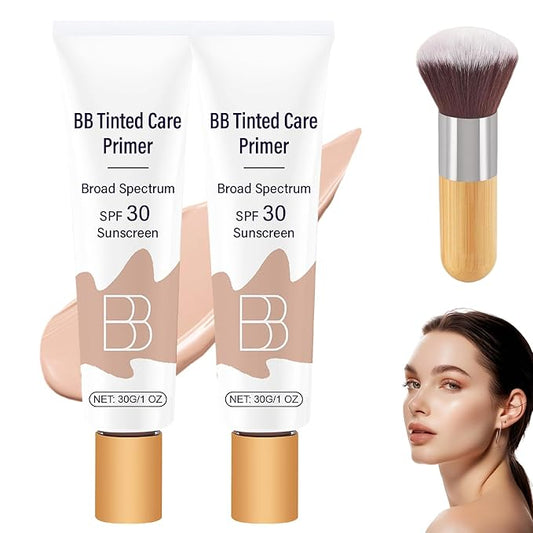 BB Blur Tinted Moisturizer SPF 30, BB Cream Tinted Moisturizer with Broad Spectrum SPF, BB Tinted Care Primer with Brush (Natural, 2PCS)