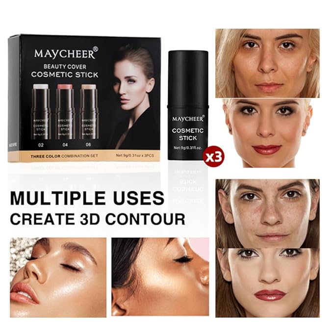 LAMUSELAND Cream Contour Stick Makeup Set, 3 Shades Face Blush Bronzer Contour Pen, Waterproof Long-lasting Matte Highlighter Stick for Fair Dark Skin (A, 3)