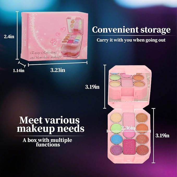 18 Color Beauty Makeup Palette Set Portable All-in-One 11 Eyeshadow 2 Blush 2 Shimmer 3 Lipstick Palette Kit with Dual-Ended Brushes, Travel-Friendly Cosmetic Case for Daily Party